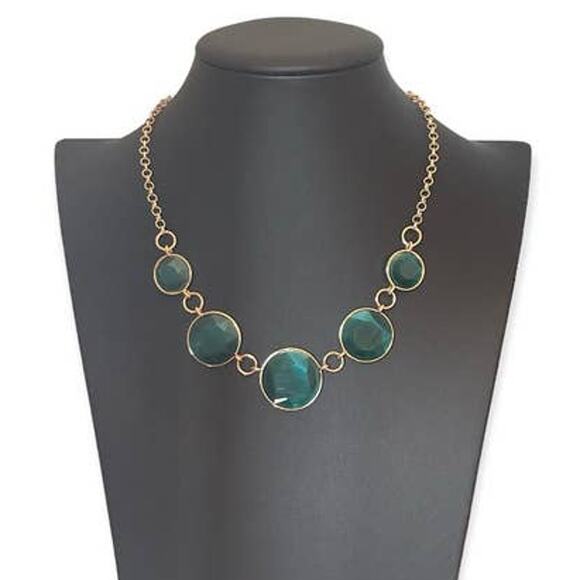 Liz Claiborne Linked Collar Statement Necklace Gold Green Round New - Picture 2 of 11